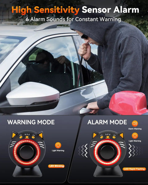 120dB Cat Shaped Car Alarm With Motion Sensor And Red Flashing Light Wireless Remote Anti Theft Device For Cars Trucks SUVs And RVs USB Rechargeable Vehicle Security Alert Lights Upgrade Five Point Zero, cat-shaped unit on stand