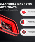 Collapsible Magnetic Parts Tray With Dual Sided Magnetic Base 4.5 Inch Square Metal Organizer Foldable Tools Tray Silicone Storage Bowl For Screws Bolts Nuts Washers Pins Red