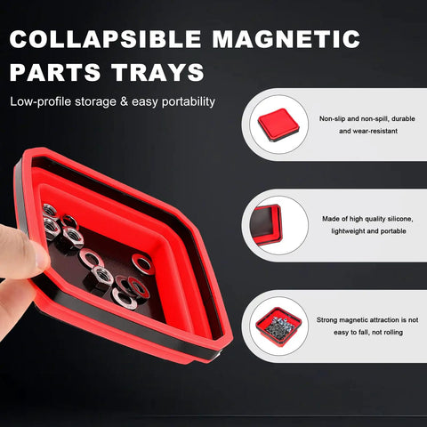 Collapsible Magnetic Parts Tray With Dual Sided Magnetic Base 4.5 Inch Square Metal Organizer Foldable Tools Tray Silicone Storage Bowl For Screws Bolts Nuts Washers Pins Red