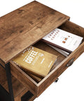 Top view of Industrial Farmhouse Coffee Bar Cart With 3 Tier On Wheels Rustic Brown Mobile Coffee Station Table With Storage showing an open drawer with books.