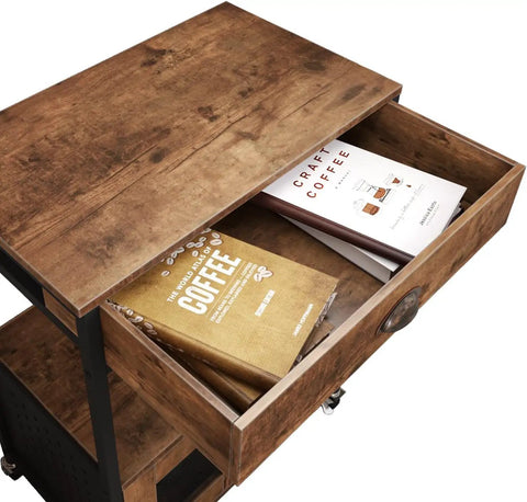 Top view of Industrial Farmhouse Coffee Bar Cart With 3 Tier On Wheels Rustic Brown Mobile Coffee Station Table With Storage showing an open drawer with books.