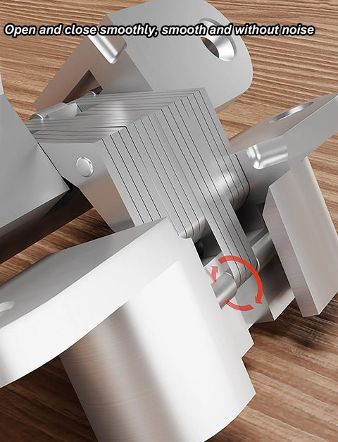 Invisible Cabinet Hinges 2 Pack 180 Degree Cross Hinges close-up view showing zinc alloy material and stainless steel bearing.
