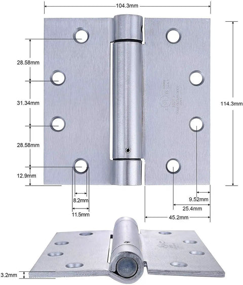 2 Pack 4.5x4 Inch Brushed Satin Chrome Self Closing Reversible Door Hinge with dimensions and complete installation hardware