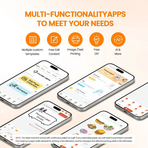 Nulltonex Portable Bluetooth Label Maker With Tape, Mini Adhesive Sticker Printer For Home Organization app interface showing templates and features.