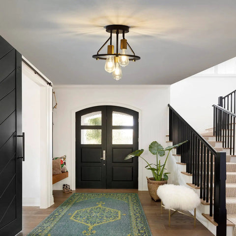 Industrial Semi Flush Mount Ceiling Light Fixture Three Light Dope Matte Black And Gold Chandelier E26 Farmhouse Ceiling Lamp