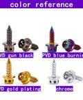 Color options for PVD Blue Burnished 304 Stainless Steel External Hex Flange Self Tapping Screws Set M4 and M5.