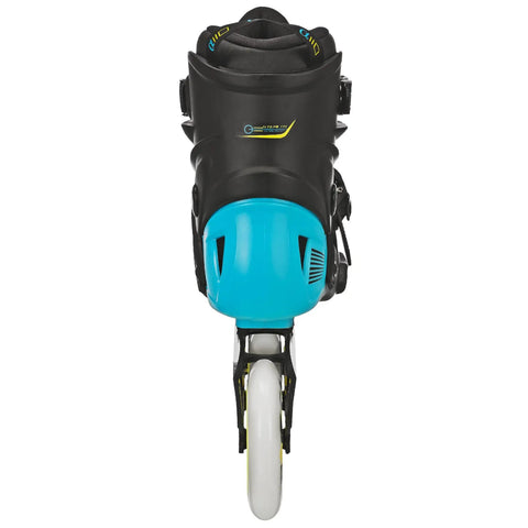 Elite Alpha 110mm 3 Wheel Inline Skates for Recreational Fitness with Lightweight Aluminum Frame, rear view of black and blue boot