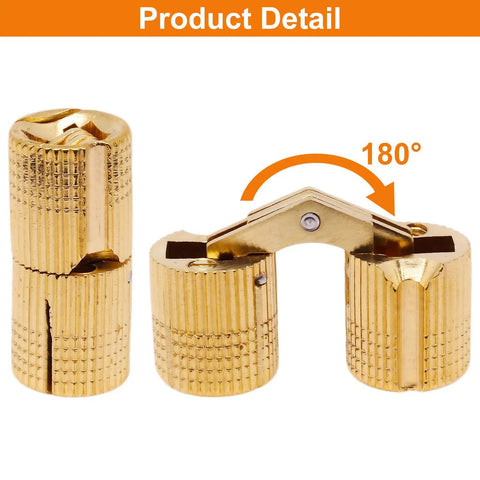 Heavy Duty Genuine Brass Hidden Barrel Hinges, 14mm Slick Concealed Cabinet Hardware, with 180° pivot mechanism.