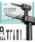 Electric Air Duster With Led Light Cordless Rechargeable 130000 RPM Blower for cleaning with 5 nozzles and accessories.