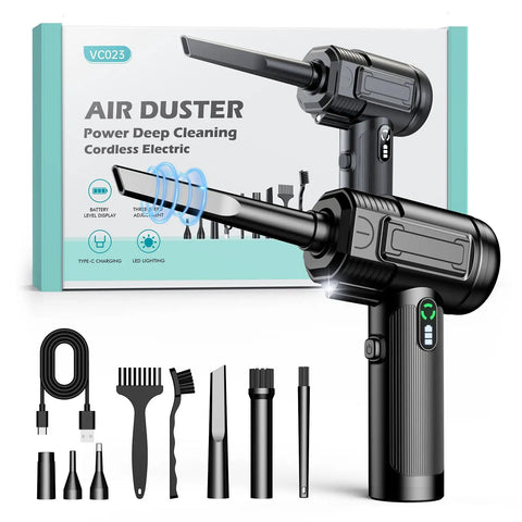 Electric Air Duster With Led Light Cordless Rechargeable 130000 RPM Blower for cleaning with 5 nozzles and accessories.