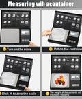 Measuring steps for Pocket Digital Gram Scale 200g Capacity With 0.01g Precision Milligram Scale, includes tare function and fruits
