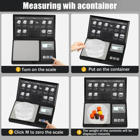 Measuring steps for Pocket Digital Gram Scale 200g Capacity With 0.01g Precision Milligram Scale, includes tare function and fruits