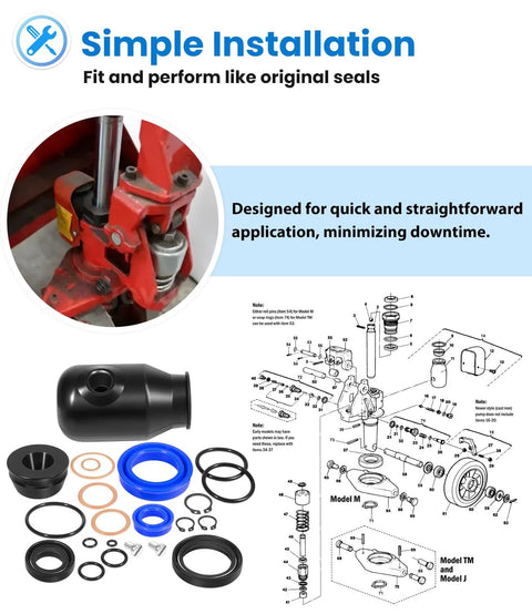 Diagram and components of Universal Hydraulic Seal Kit For Manual Pallet Jacks TM M And J Series Replacement Set MU200064901