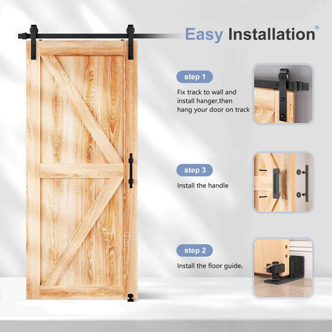 Image showing an easy installation guide for a 6.7 FT Sliding Barn Door Hardware Kit and Handle Door Hardware Kit, Basic J Pulley.