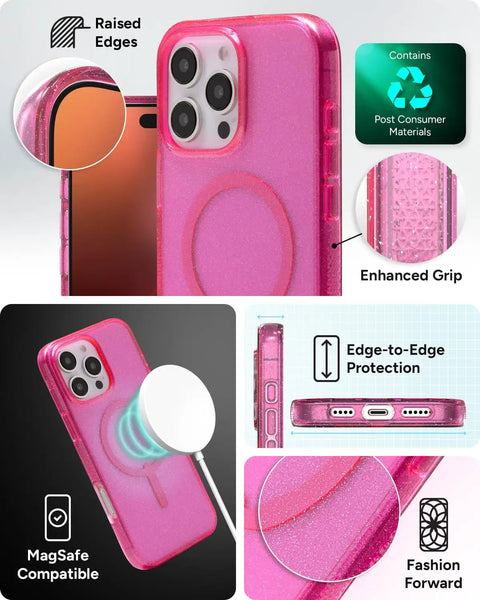 Milan Snap Case for iPhone 16 Pro Max pink glitter MagSafe compatible with raised edges and 13-foot drop protection, recycled materials.