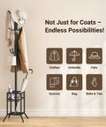 No Fuss Freestanding Coat Rack With 12 Hooks And Umbrella Holder Modern Metal Hall Tree For Entryway Living Room Bedroom Or Office Heavy Duty Standing Coat Hanger Stand In Black with hats, coats, and umbrellas organized