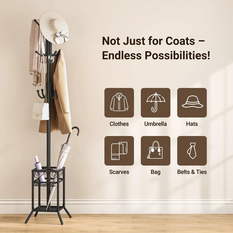 No Fuss Freestanding Coat Rack With 12 Hooks And Umbrella Holder Modern Metal Hall Tree For Entryway Living Room Bedroom Or Office Heavy Duty Standing Coat Hanger Stand In Black with hats, coats, and umbrellas organized