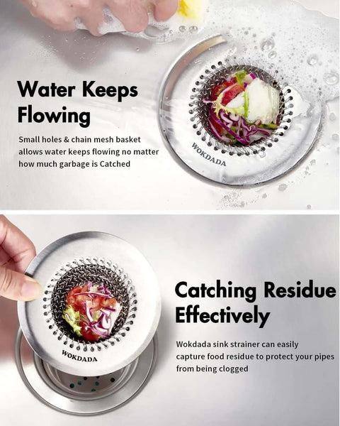 Reversible Chain Mesh Sink Strainer For Effortless Clean Up And Debris Catcher in use catching food scraps in a kitchen sink.