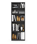 Go-To Five-Tier Bookshelf With Adjustable Shelves In Blackwood Finish styled with books and decor items front view