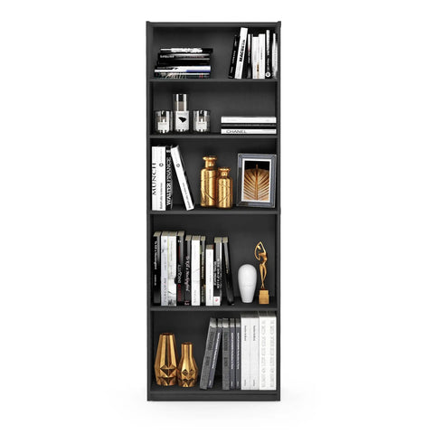 Go-To Five-Tier Bookshelf With Adjustable Shelves In Blackwood Finish styled with books and decor items front view
