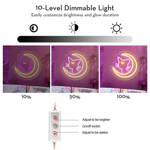 Anime Luna Neon Sign LED Dimmable Moon Cat Night Light For Bedroom Wall Decor Lit Pink Kawaii Neon Light For Girls Room