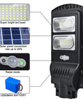 Diagram of a Super Bright 200W Solar Street Lights Outdoor With Motion Sensor Dusk to Dawn Waterproof Flood Lights showing features.
