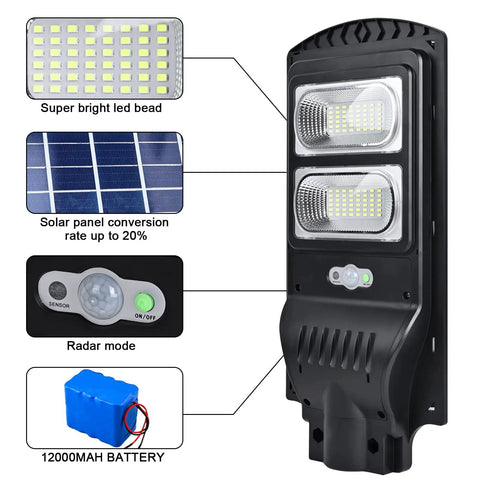 Diagram of a Super Bright 200W Solar Street Lights Outdoor With Motion Sensor Dusk to Dawn Waterproof Flood Lights showing features.