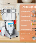 Beast 2000W Commercial Grain Grinder With 750g Capacity Industrial Stainless Steel Build shown with dimensions and accessories