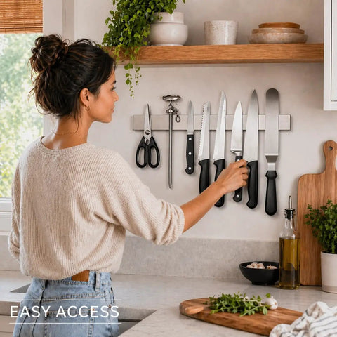Woman using 16 Inch Stainless Steel Magnetic Knife Bar for Kitchen Storage and Home Organization, Built To Hold Knives And Gear