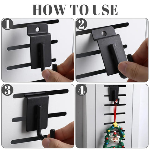 How to install 25 Pack J Shaped Slatwall Hooks And Hangers Heavy Duty Slatwall Accessories for panels, shown in use.