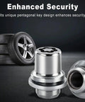 Heavy Duty M12x1.5 Wheel Lock Nuts Key Set For Toyota Rides Chrome Steel, pentagonal key design for enhanced security.