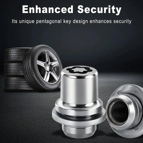Heavy Duty M12x1.5 Wheel Lock Nuts Key Set For Toyota Rides Chrome Steel, pentagonal key design for enhanced security.
