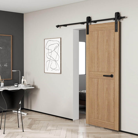 6.6ft Sliding Barn Door Hardware Kit With Heavy Duty Steel Rollers And Flat Tracks, installed on wooden door, interior view