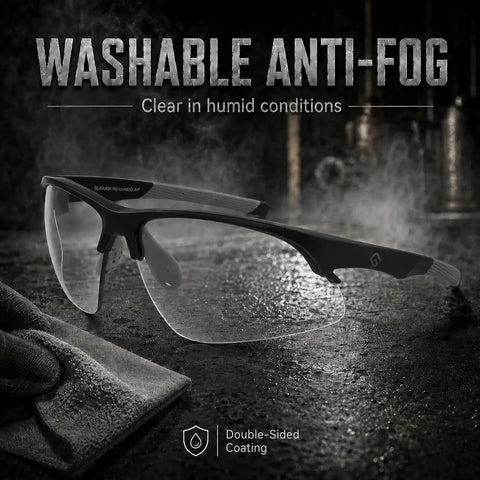 Hardcore Photochromic Safety Glasses With Slick Adaptive Lenses And Uv400 Shield For Serious Eye Protection During Cycling Diy Tasks And Outdoor Jobs Built Damn Tough For All Day Wear In Storm Gray Blue on a dark surface with anti-fog feature.