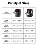 Variety of 6AN Hose Finisher Clamp sizes for braided hoses, includes dimensions for 8mm-25mm pipes.