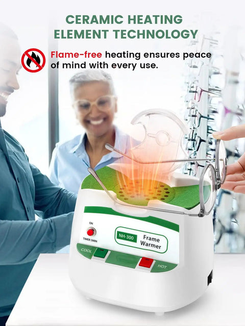 Eyeglass Frame Warmer With Four Temperature Settings 140-230 F in use, reshaping spectacle frame at optical shop.