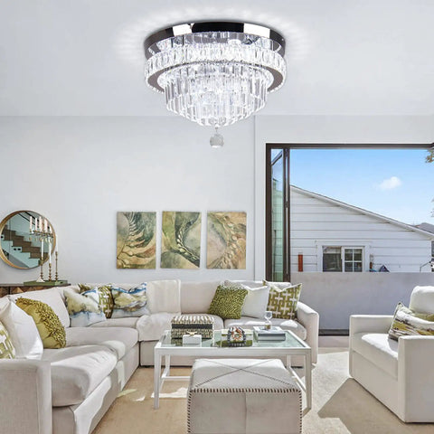Crystal Chandelier LED Ceiling Light With Remote Control And App Control Dimmable Pendant in modern living room interior