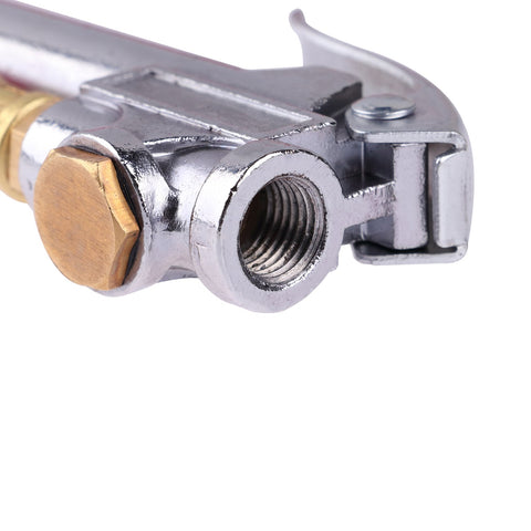 Bayonet Style Tire Inflator Gauge With 12 Inch Heavy Duty Air Hose And Straight Head Chuck close-up, brass internal parts