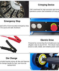Portable 12V Hydraulic Hose Crimper High Pressure 137 Ton Machine With 8 Dies For 0.4 To 2.4 Inch Hoses emergency stop switch and crimping device close-up.
