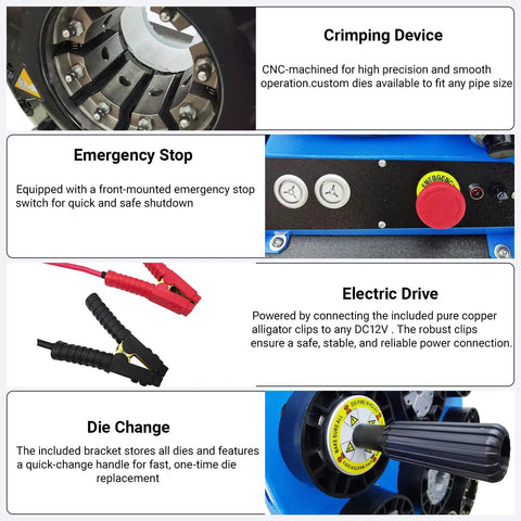 Portable 12V Hydraulic Hose Crimper High Pressure 137 Ton Machine With 8 Dies For 0.4 To 2.4 Inch Hoses emergency stop switch and crimping device close-up.