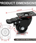 Straight Up Heavy Duty 2 Inch Swivel Caster Wheels 4 Pack With Full Lock Dual Brake Rock Solid Carbon Steel Build For Workbenches Rolling Furniture Supporting 1100 Pounds Max Load Capacity showing dimensions and features.