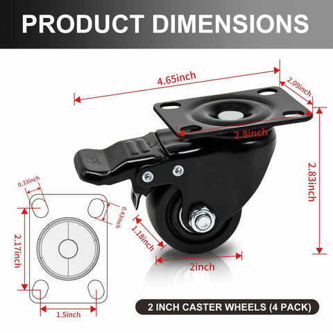 Straight Up Heavy Duty 2 Inch Swivel Caster Wheels 4 Pack With Full Lock Dual Brake Rock Solid Carbon Steel Build For Workbenches Rolling Furniture Supporting 1100 Pounds Max Load Capacity showing dimensions and features.