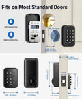 Keyless Entry Door Lock With Electronic Keypad Deadbolt Auto Lock Anti Peeking Passwords Emergency Power Port Easy Installation Smart Home Ready Secure Black Finish For Front Or Back Door No Keys Needed, shown installed on a standard door with measurements and diagrams.