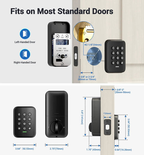 Keyless Entry Door Lock With Electronic Keypad Deadbolt Auto Lock Anti Peeking Passwords Emergency Power Port Easy Installation Smart Home Ready Secure Black Finish For Front Or Back Door No Keys Needed, shown installed on a standard door with measurements and diagrams.
