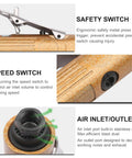 Close-up of No-Nonsense Heavy-Duty Mini Air Die Grinder Kit showing safety and speed switches, plus air inlet/outlet features.