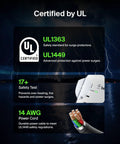 6 Outlet Wall Surge Protector With 2 USB A Ports, UL certified, demonstrating UL1363 and UL1449 standards, safety features