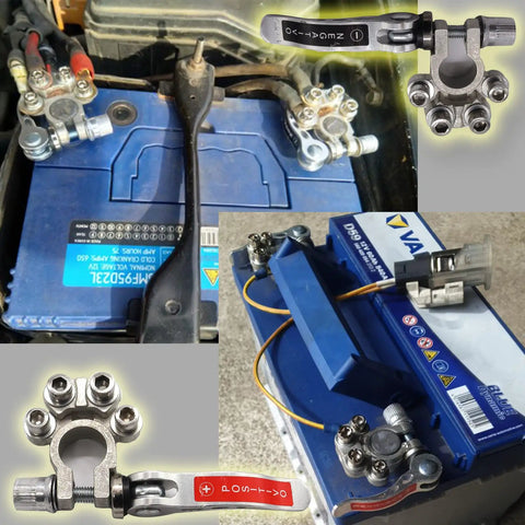 Image of a Two Pack Battery Terminal Wire Clamp Kit With Quick Release Disconnect For 12V And 24V Cars, installed on a battery.