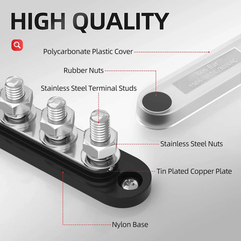 Bus Bar 12V 150A Mini Power Distribution Block with tin plated copper, nylon base, polycarbonate lid, stainless steel nuts