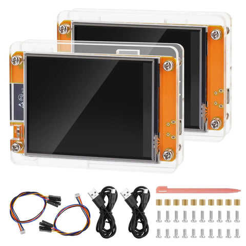 Two 2.8 Inch ESP32 Development Boards with WiFi and Bluetooth, dual core 240MHz, 320x240 TFT LCD, in acrylic shells with accessories.