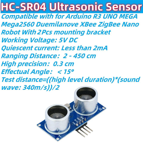 HC-SR04 Ultrasonic Sensor Module 2 Pack with Mounting Brackets, shown with specifications and features including 5V DC and 0.3 cm precision.